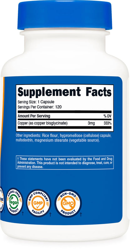 Nutricost Copper Glycinate Capsules (120 Capsules, 3MG Copper per Serving) - Non GMO, Vegan - Maple Wellness Supplements
