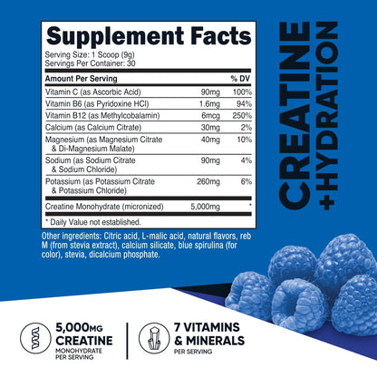 Nutricost Creatine Monohydrate + Hydration Blue Raspberry Flavored (30 Servings) - 7 Vitamins & Minerals, 5000mg of Creatine Per Serving - Maple Wellness Supplements
