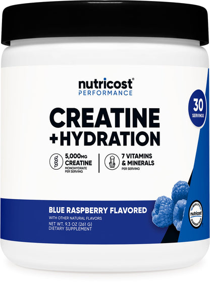 Nutricost Creatine Monohydrate + Hydration Blue Raspberry Flavored (30 Servings) - 7 Vitamins & Minerals, 5000mg of Creatine Per Serving - Maple Wellness Supplements