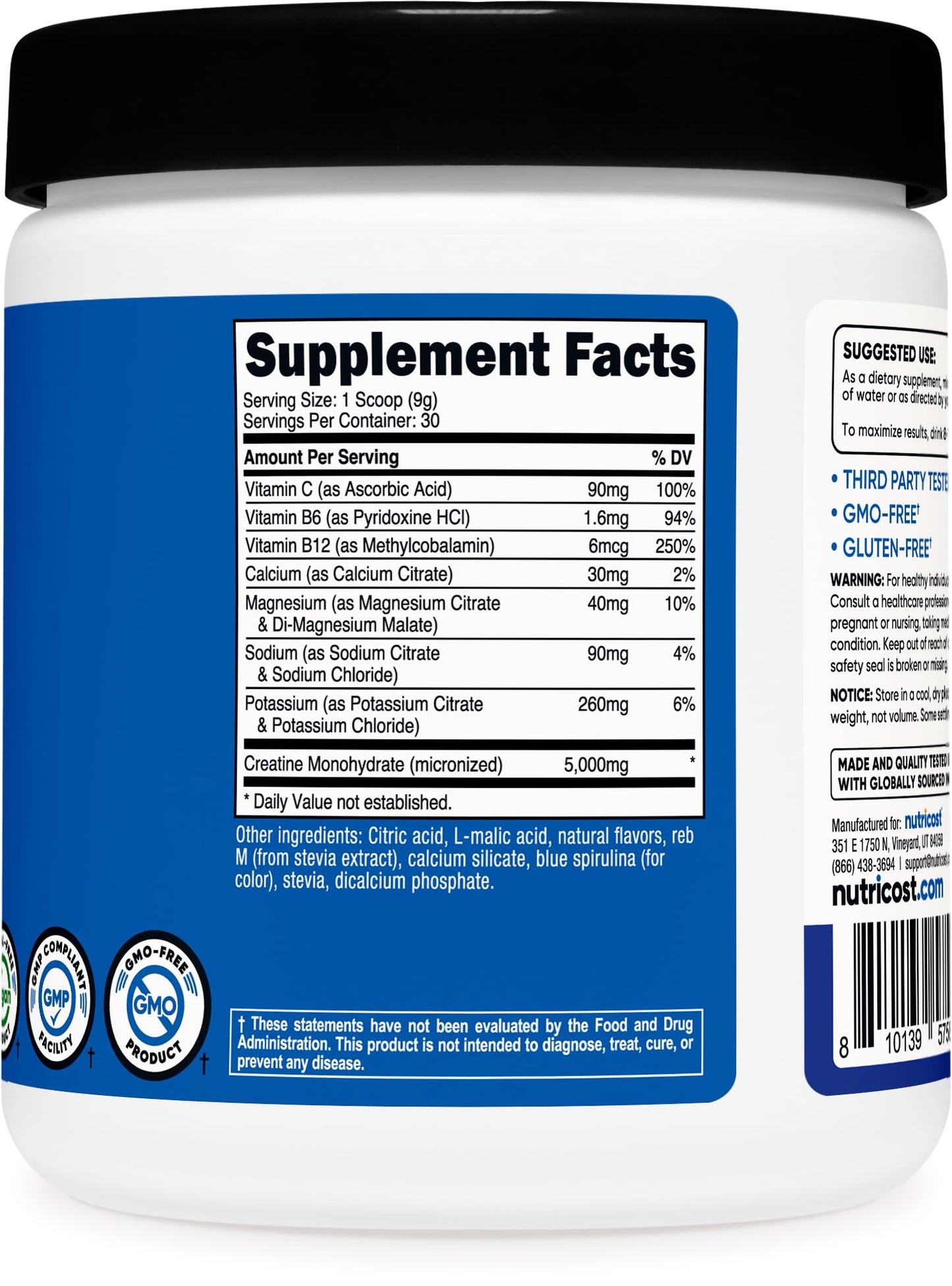 Nutricost Creatine Monohydrate + Hydration Blue Raspberry Flavored (30 Servings) - 7 Vitamins & Minerals, 5000mg of Creatine Per Serving - Maple Wellness Supplements
