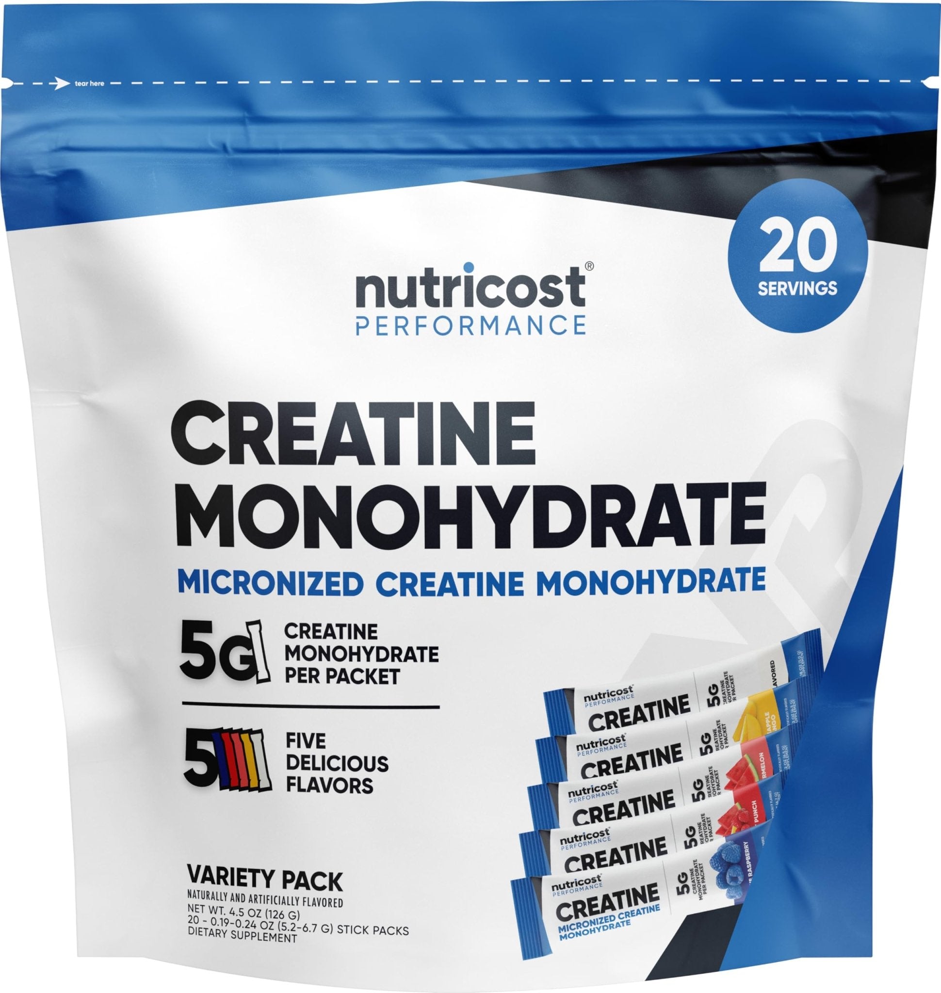 Nutricost Creatine Monohydrate Powder Variety Stickpacks (5 Flavors, 20 Servings) - Micronized, 5 Grams of Creatine Monohydrate Per Pack - Maple Wellness Supplements