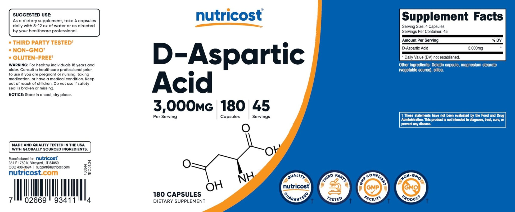 Nutricost D-Aspartic Acid (DAA) Capsules 3000mg Per Serving (180 Capsules) - Non-GMO - Maple Wellness Supplements