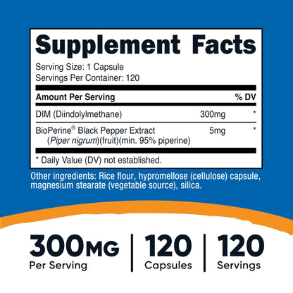 Nutricost DIM (Diindolylmethane) Plus BioPerine 300mg, 120 Vegetarian Capsules - Up to 4 Month Supply, Max Strength DIM Supplement - Maple Wellness Supplements