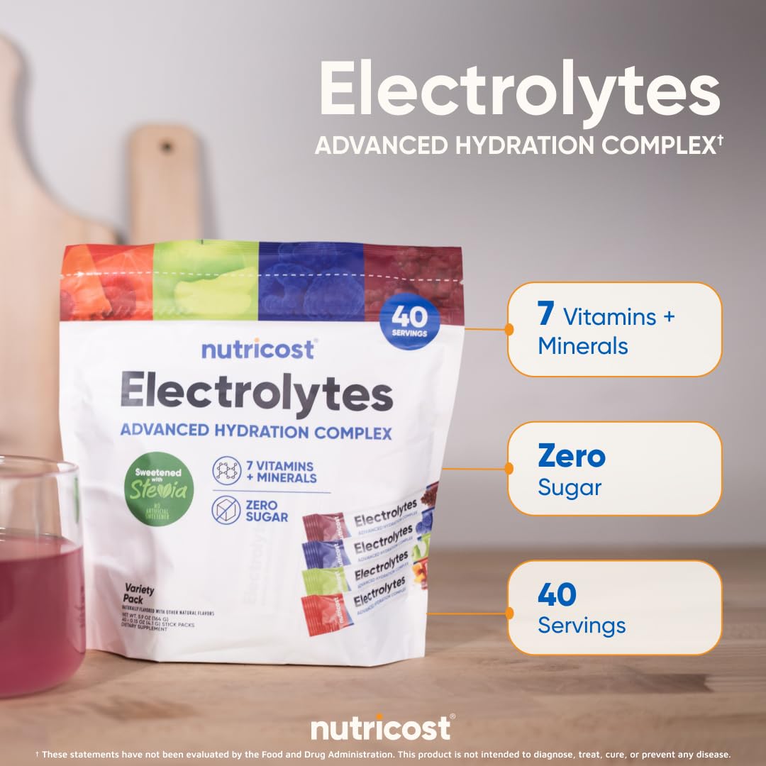Nutricost Electrolytes Complex, Variety Pack Flavored, 40 Stickpacks - Advanced Hydration Complex - Maple Wellness Supplements