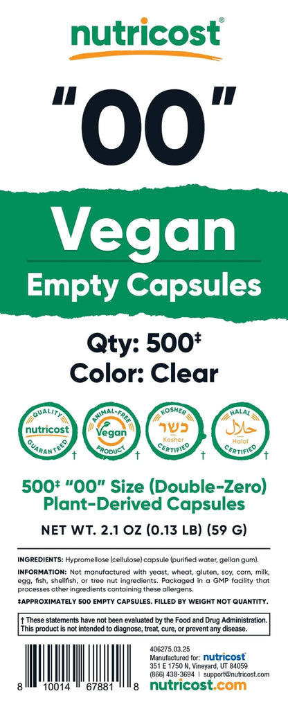 Nutricost Empty Capsules Size 00 Vegan - 500 Clear Empty Plant-Based Capsules - Kosher Certified, Halal Certified, Non-GMO, Soy Free, Gluten Free, Vegetarian - Maple Wellness Supplements