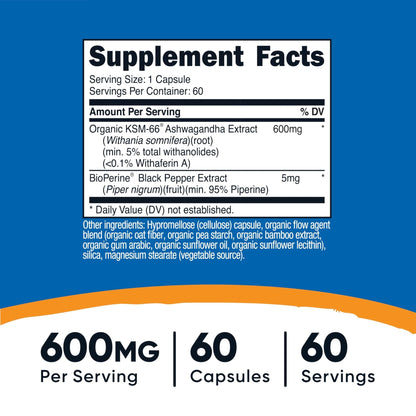 Nutricost KSM-66 Ashwagandha Root Extract 600mg, 60 Veggie Caps - 5% Withanolides - with BioPerine - Full-Spectrum Root Extract - Maple Wellness Supplements
