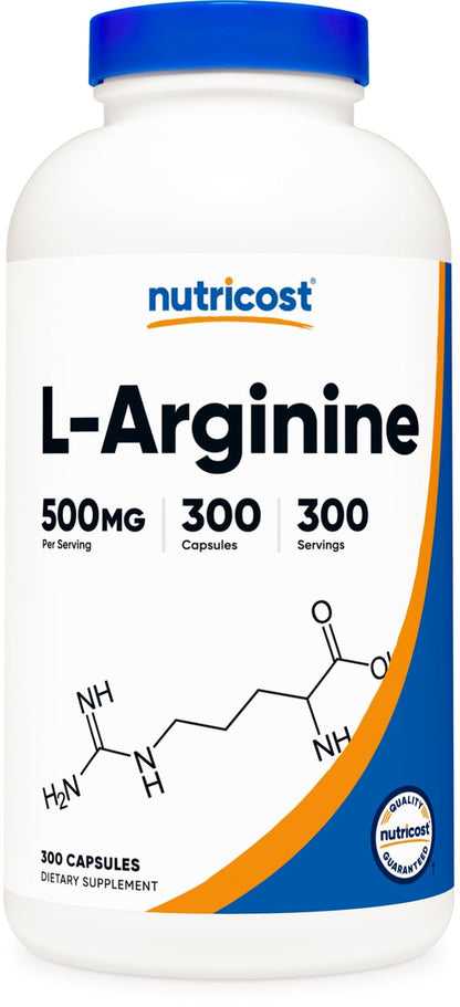 Nutricost L-Arginine 500mg, 300 Capsules - Gluten Free and Non-GMO - Maple Wellness Supplements