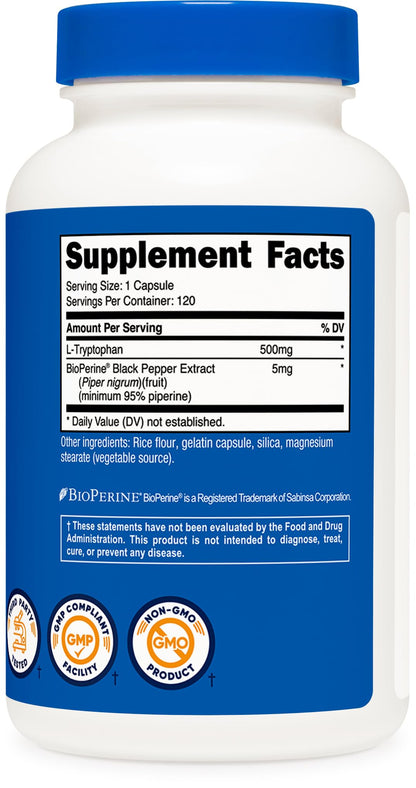 Nutricost L-Tryptophan 500mg, 120 Capsules - with BioPerine, Gluten Free, Non-GMO - Maple Wellness Supplements