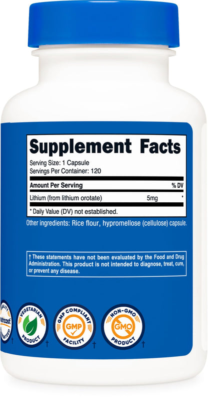 Nutricost Lithium Orotate 5mg, 120 Capsules - Veggie Caps, Non-GMO, Gluten Free - Maple Wellness Supplements