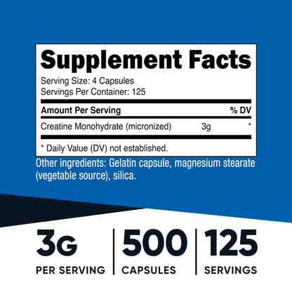 Nutricost Micronized Creatine Monohydrate 3,000mg 500 Capsules, 125 Servings, 750mg of Creatine Monohydrate Per Capsule - Maple Wellness Supplements