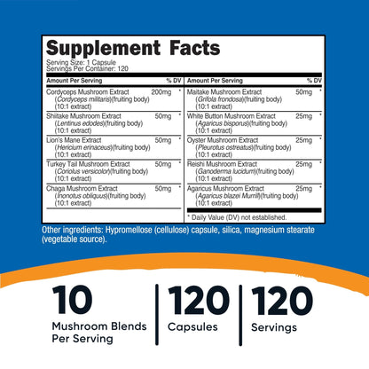 Nutricost Mushroom Complex Supplement, 120 Capsules - 10 Mushroom Blend (with Reishi, Maitake, Shiitake, Lion's Mane, and More) - Non-GMO and Gluten Free - Maple Wellness Supplements
