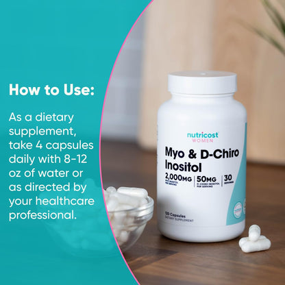 Nutricost Myo Inositol & D-Chiro Inositol for Women 2000mg, 120 Capsules, 2000mg Myo & 50mg D-Chiro Per Serving, 30 Servings - Maple Wellness Supplements