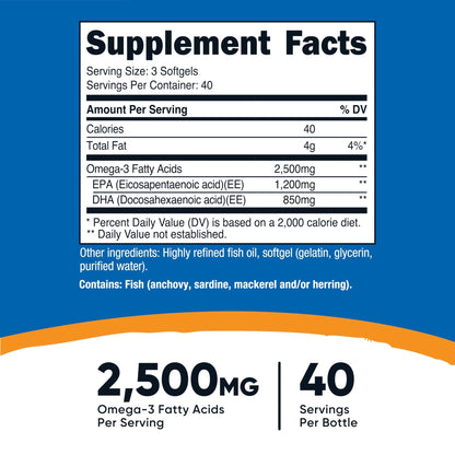 Nutricost Omega 3 Fish Oil - 2500MG, 120 Softgels (40 Serv) - Fish Oil, Wild Caught! 1200mg EPA 850mg DHA - Maple Wellness Supplements