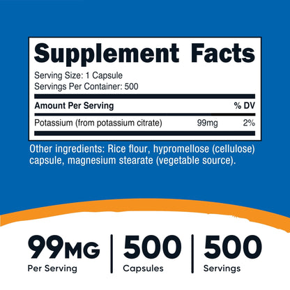 Nutricost Potassium Citrate 99mg, 500 Capsules - Maple Wellness Supplements