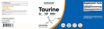 Nutricost Taurine Powder 250 Grams - 125 Servings, 2000mg Per Serving - Maple Wellness Supplements