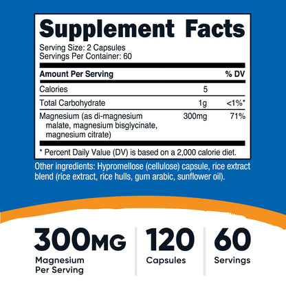 Nutricost Triple Magnesium Complex (300mg, 120 Capsules) - from Di-Magnesium Malate, Bisglycinate and Citrate, 60 Servings - Maple Wellness Supplements