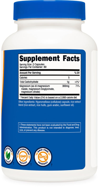 Nutricost Triple Magnesium Complex (300mg, 120 Capsules) - from Di-Magnesium Malate, Bisglycinate and Citrate, 60 Servings - Maple Wellness Supplements