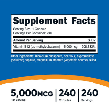 Nutricost Vitamin B12 (Methylcobalamin) 5000mcg, 240 Capsules - Vegetarian Caps, Non-GMO, Gluten Free B12 Supplement - Maple Wellness Supplements
