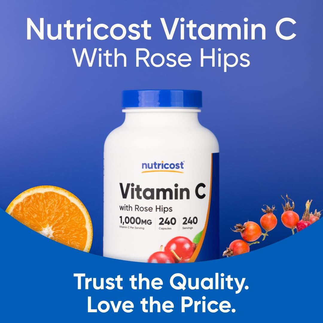 Nutricost Vitamin C with Rose Hips 1025mg, 240 Capsules - Vitamin C 1,000mg, Rose Hips 25mg, Premium - Maple Wellness Supplements
