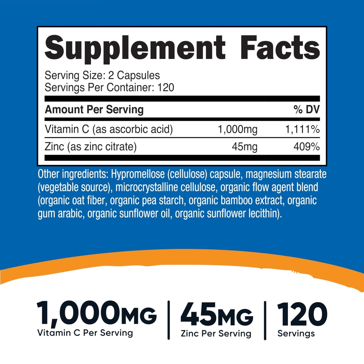 Nutricost Vitamin C with Zinc Capsules, 120 Servings - 1000mg, 45mg Zinc, Non-GMO, Gluten Free Vitamin C Supplement - Maple Wellness Supplements