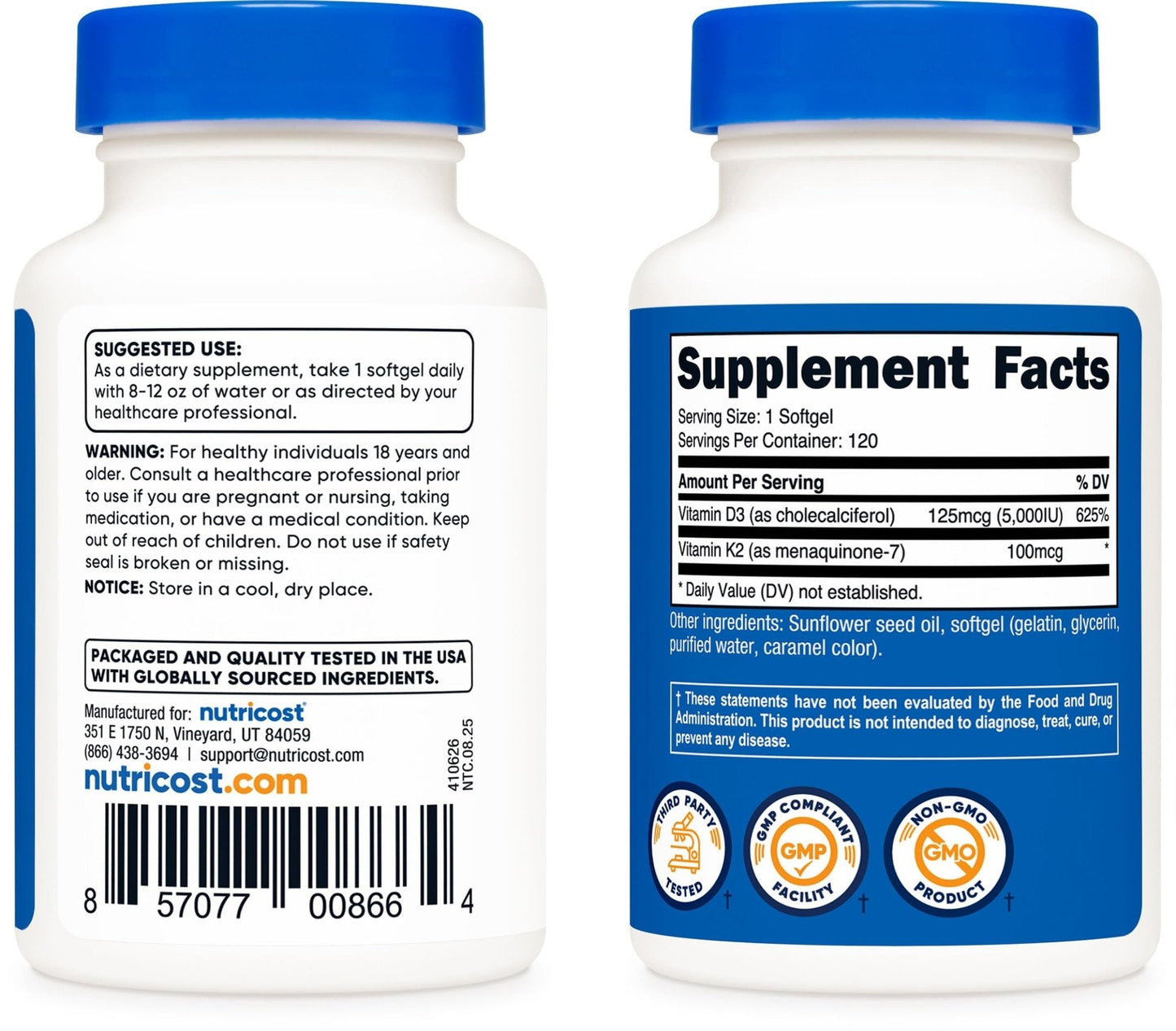 Nutricost Vitamin D3 + K2 (5000 IU D3 / 100mcg MK7), 120 Softgels – Gluten-Free & Non-GMO - Maple Wellness Supplements