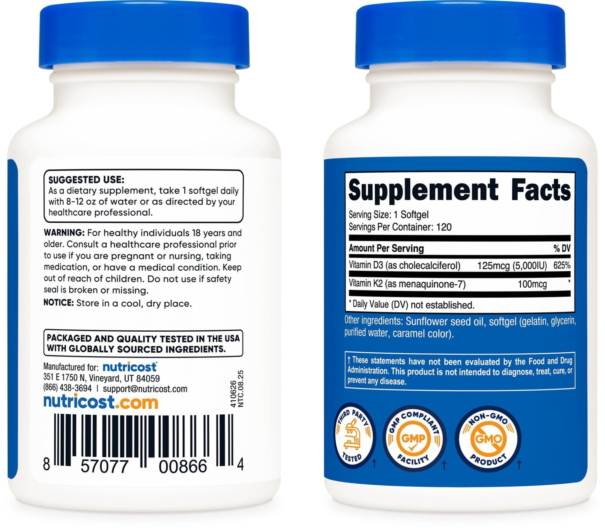 Nutricost Vitamin D3 + K2 (5000 IU D3 / 100mcg MK7), 120 Softgels – Gluten-Free & Non-GMO - Maple Wellness Supplements