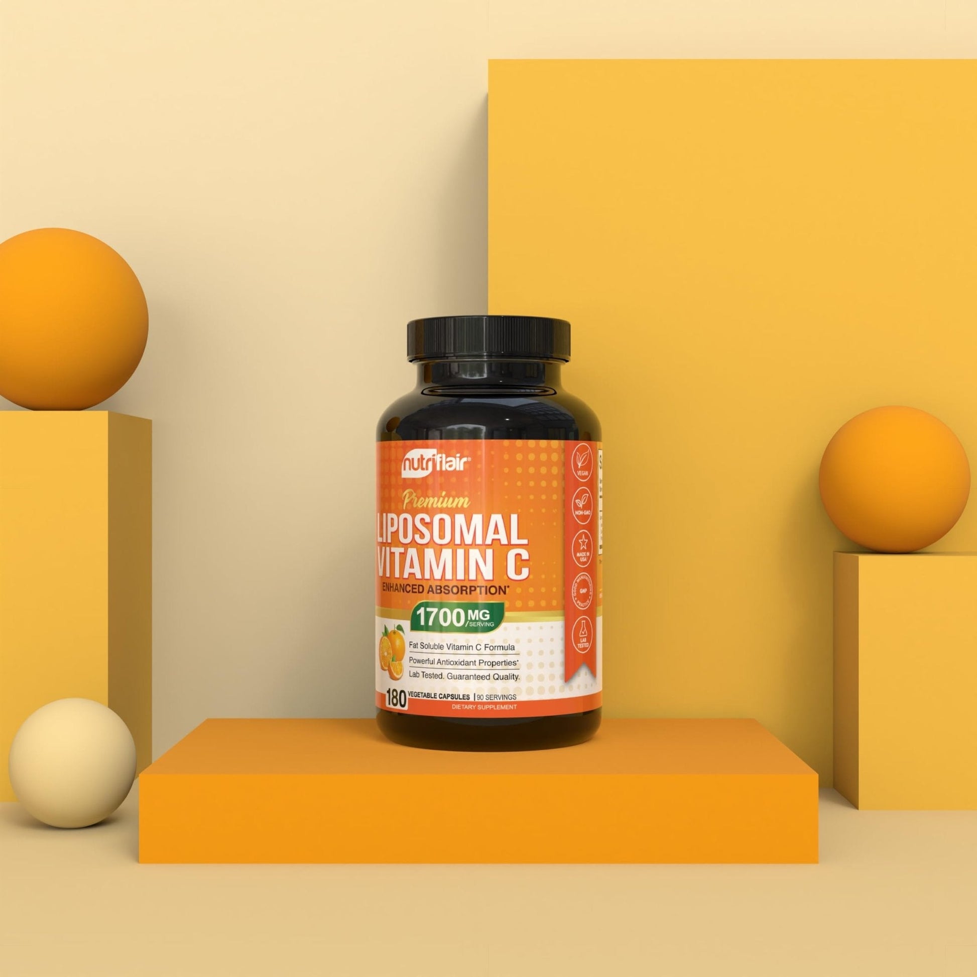 NutriFlair Liposomal Vitamin C 1700mg, 180 Capsules - High Absorption, Fat Soluble VIT C, Higher Bioavailability Immune System Support - Maple Wellness Supplements