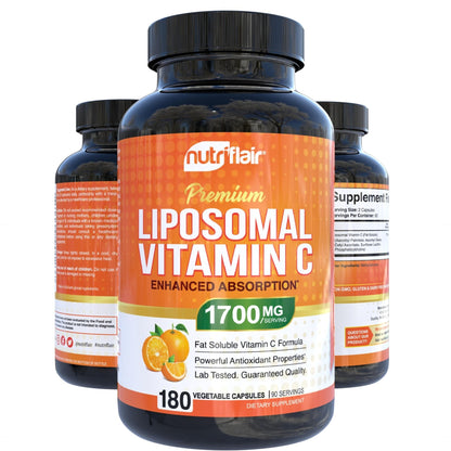 NutriFlair Liposomal Vitamin C 1700mg, 180 Capsules - High Absorption, Fat Soluble VIT C, Higher Bioavailability Immune System Support - Maple Wellness Supplements