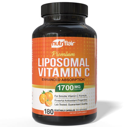 NutriFlair Liposomal Vitamin C 1700mg, 180 Capsules - High Absorption, Fat Soluble VIT C, Higher Bioavailability Immune System Support - Maple Wellness Supplements