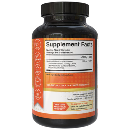 NutriFlair Liposomal Vitamin C 1700mg, 180 Capsules - High Absorption, Fat Soluble VIT C, Higher Bioavailability Immune System Support - Maple Wellness Supplements