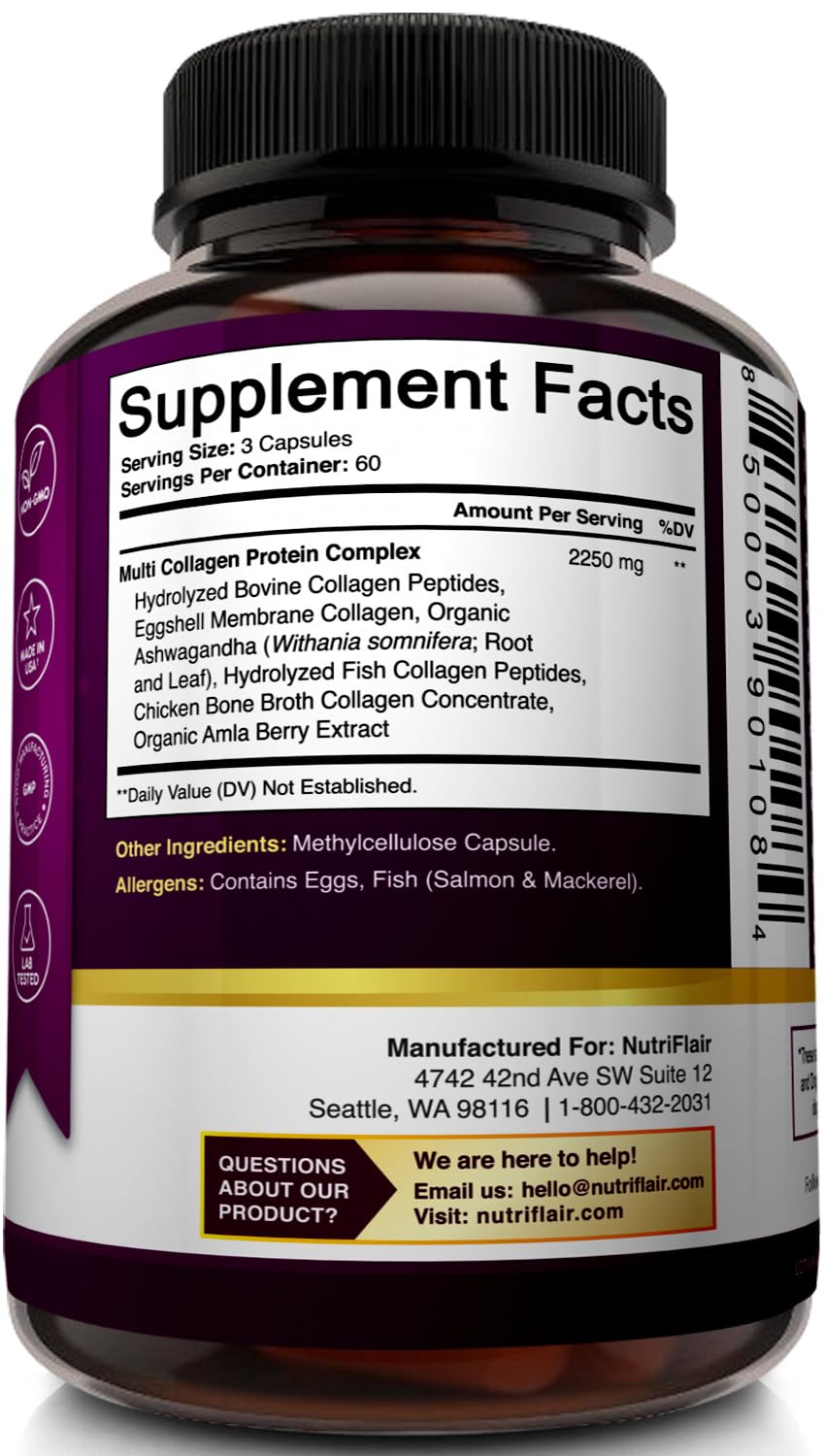 NutriFlair Multi Collagen Peptides 2250mg - Type I, II, III, V, X - Collagen Supplements Complex Powder Pills for Women and Men - Hydrolyzed Protein, Healthy Hair, Skin, Nails - Non-GMO (180 Capsules) - Maple Wellness Supplements
