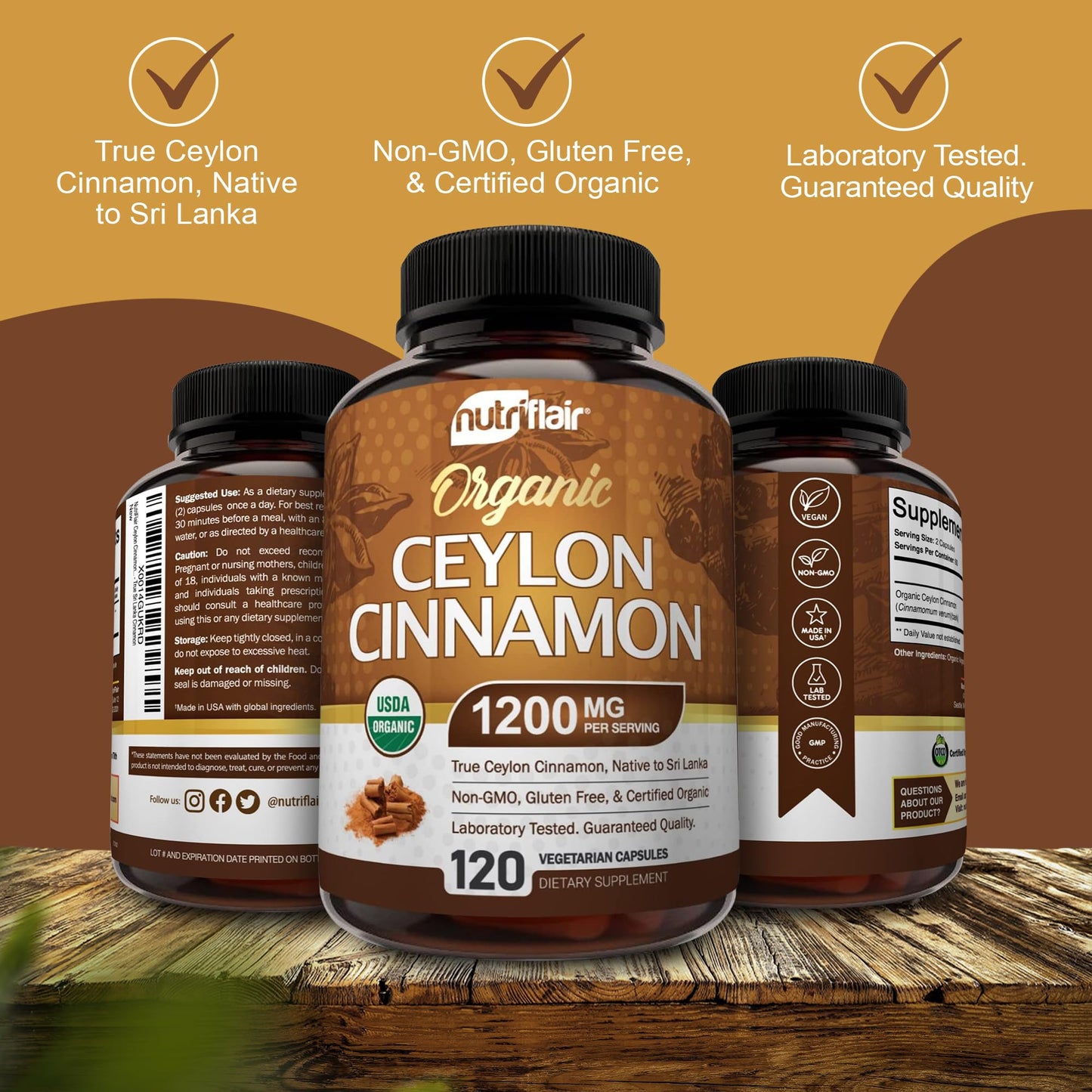 NutriFlair Organic Ceylon Cinnamon Supplement 1200mg, 120 Capsules - USDA Certified - Non-GMO, Gluten Free Powder, Antioxidant Pills - Maple Wellness Supplements