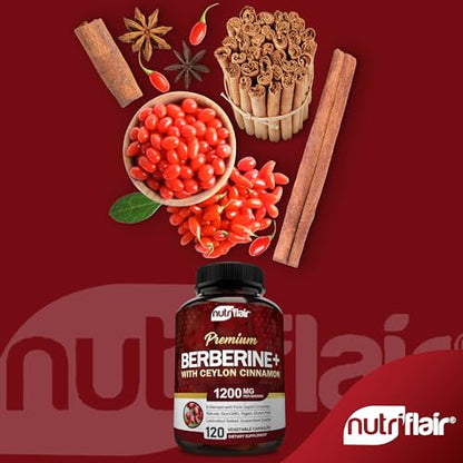 NutriFlair Premium Berberine HCL 1200mg, 120 Capsules - Plus Pure True Ceylon Cinnamon - Maple Wellness Supplements