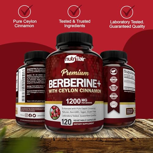 NutriFlair Premium Berberine HCL 1200mg, 120 Capsules - Plus Pure True Ceylon Cinnamon - Maple Wellness Supplements
