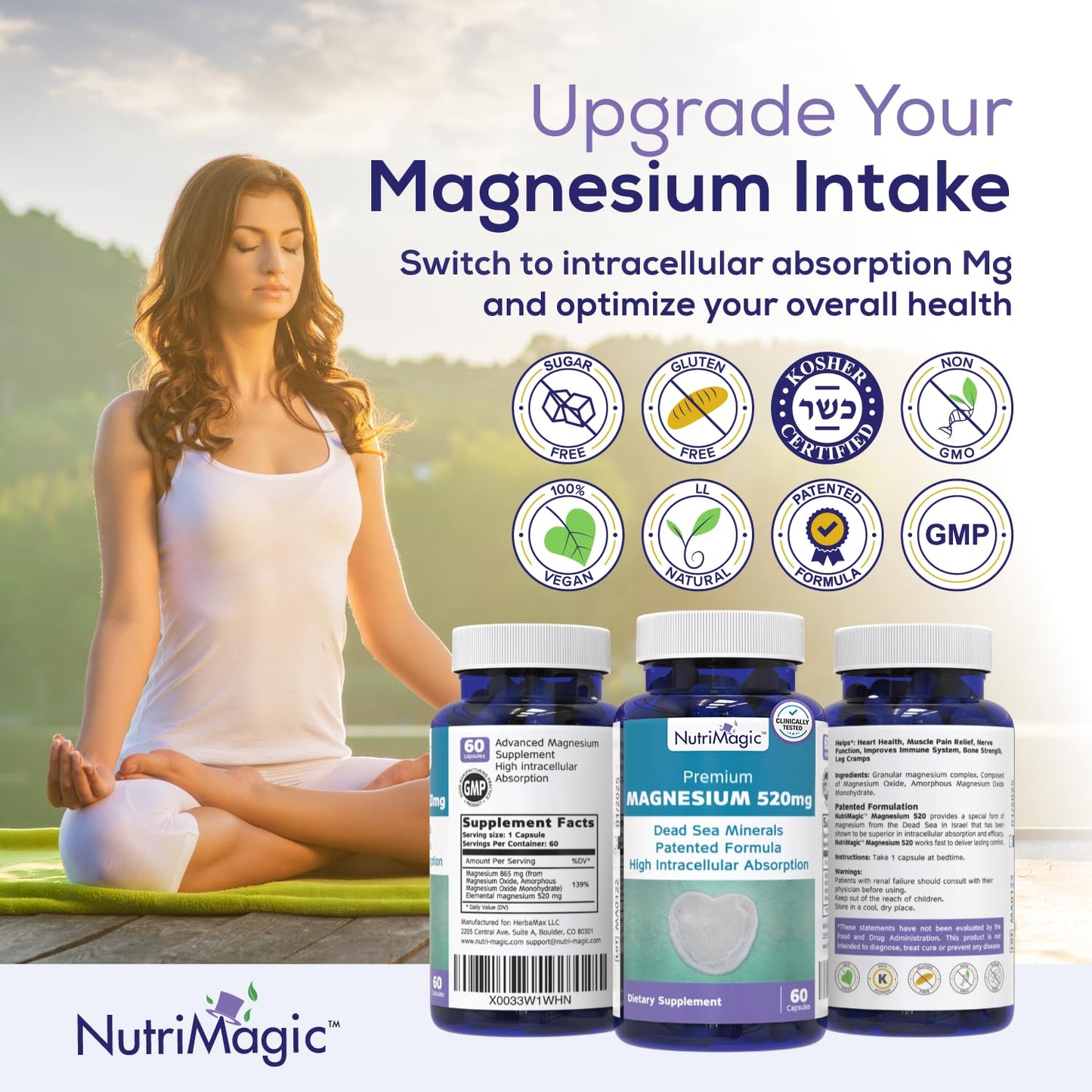 NutriMagic 520mg Patented High Absorption Elemental Magnesium from Oxide, Dead Sea Minerals Complex (1 Bottle, 2-Month Supply (60 Capsules)) - Maple Wellness Supplements