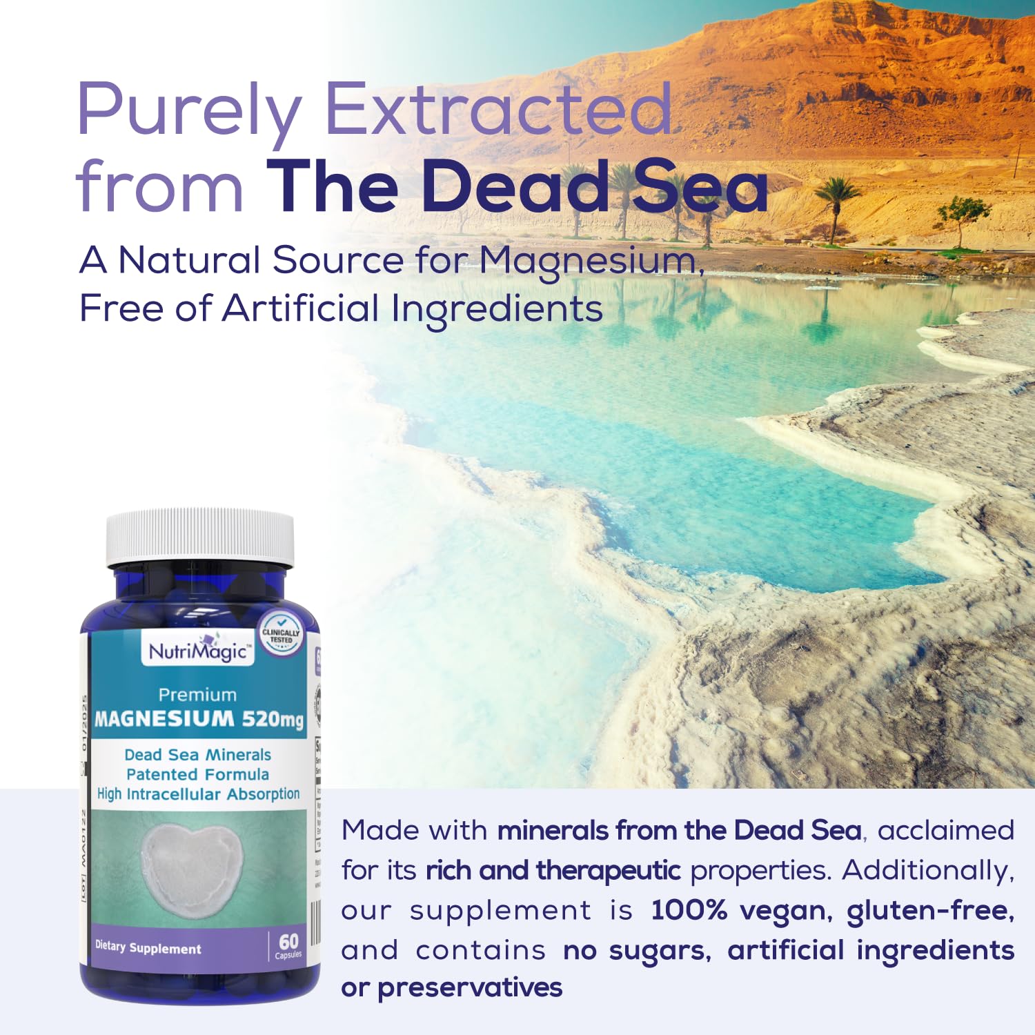NutriMagic 520mg Patented High Absorption Elemental Magnesium from Oxide, Dead Sea Minerals Complex (1 Bottle, 2-Month Supply (60 Capsules)) - Maple Wellness Supplements
