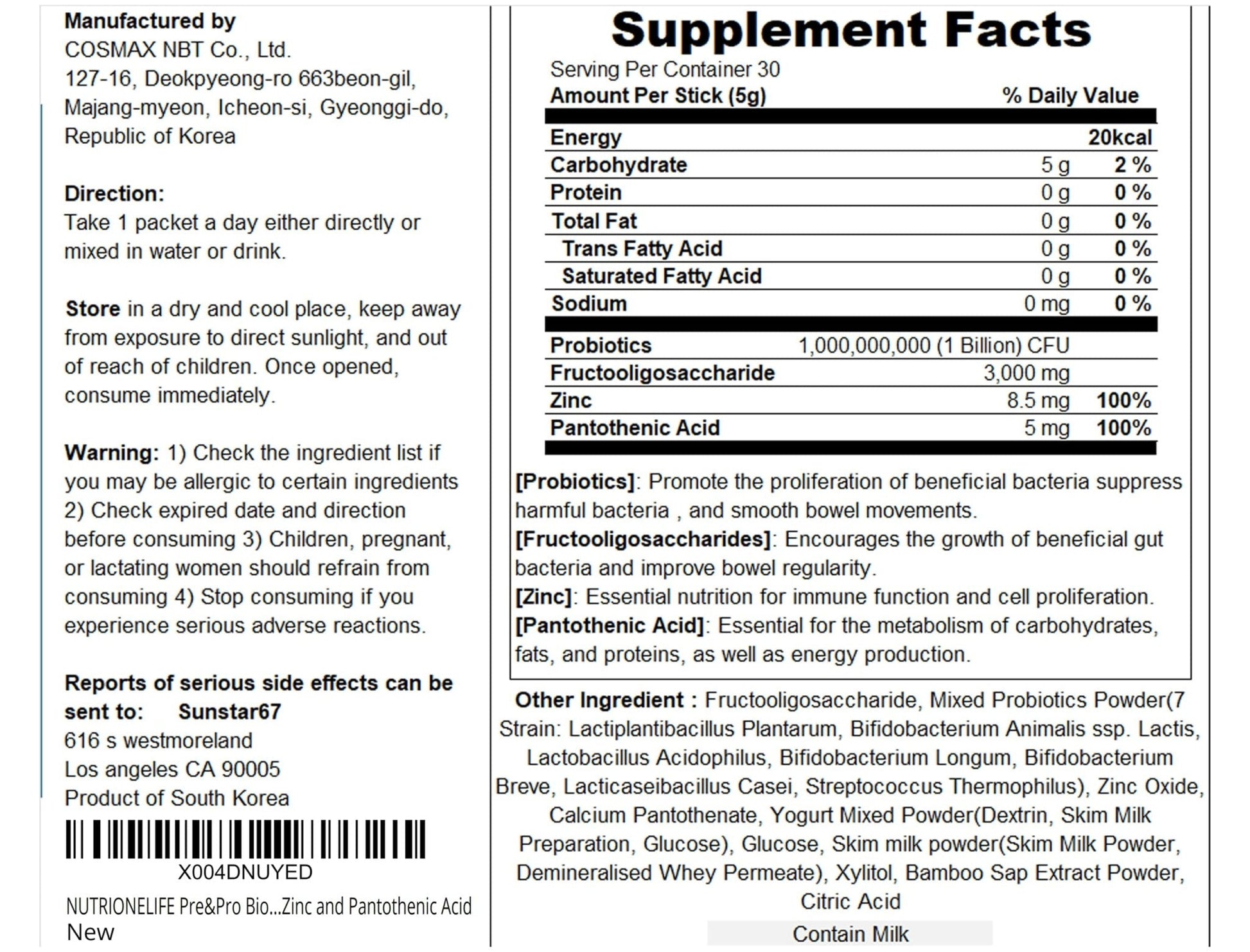 NUTRIONELIFE Pre&Pro Biotics, 1Billion CFU, Powder Type Korea Probiotics, Multi-Strain Probiotic Blend, Supports Digestive Wellness, - Maple Wellness Supplements