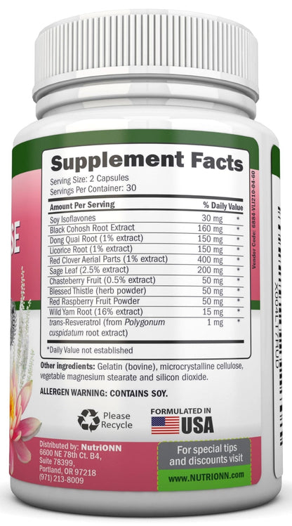 NutriONN Perimenopause Supplement for Women - Natural Support for Hot Flashes & Night Sweats - Improved Mood & Sleep - 11 Herbal Ingredients with Black Cohosh & Red Clover - Hormone Balance - Non-GMO - Maple Wellness Supplements