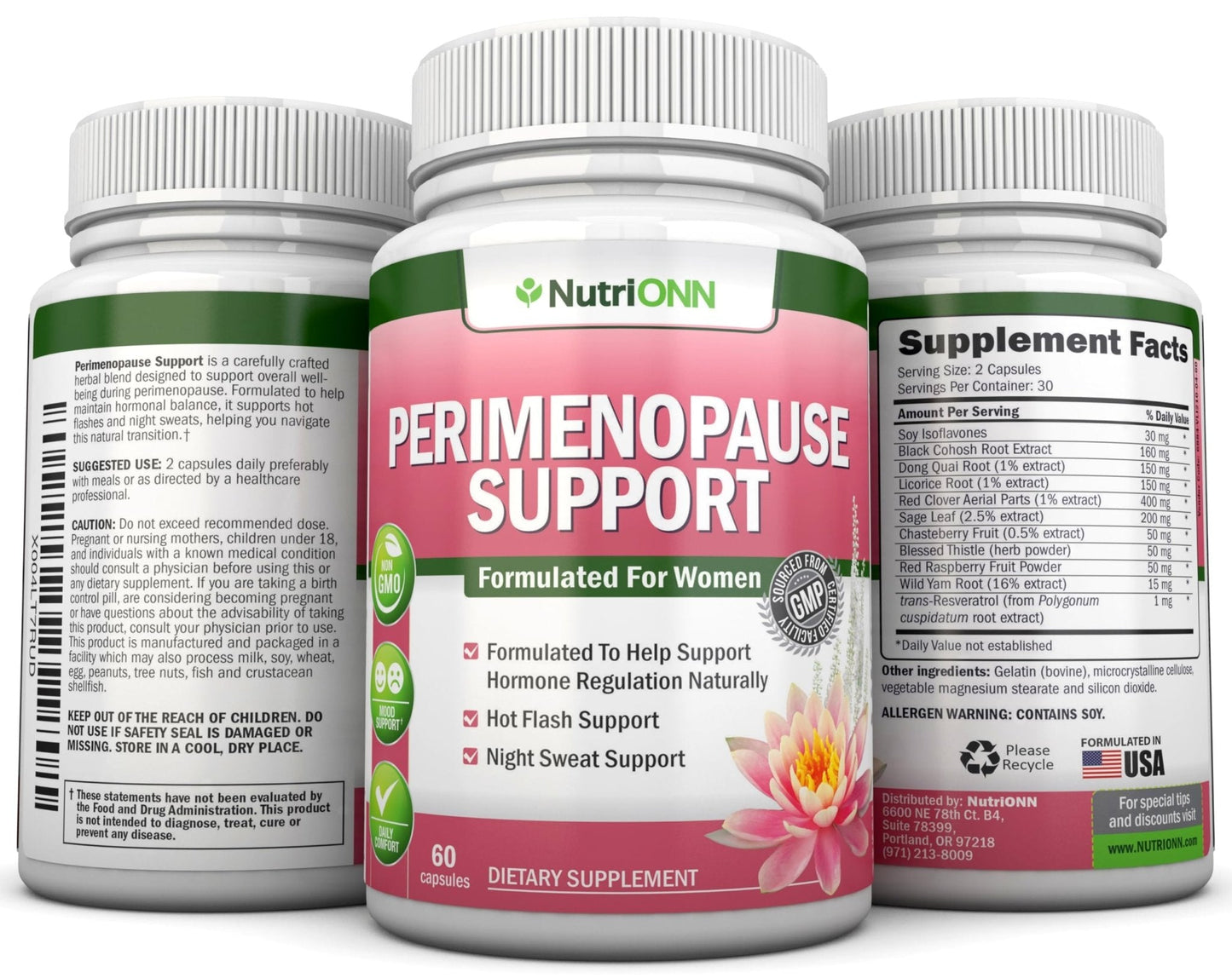 NutriONN Perimenopause Supplement for Women - Natural Support for Hot Flashes & Night Sweats - Improved Mood & Sleep - 11 Herbal Ingredients with Black Cohosh & Red Clover - Hormone Balance - Non-GMO - Maple Wellness Supplements