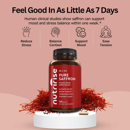 NutriRise Saffron Supplements 120 Capsules, 88.5mg Pure Extract - 4 Month Supply for Mood, Energy, Sleep, Stress & Cortisol Support - Non-GMO - Maple Wellness Supplements