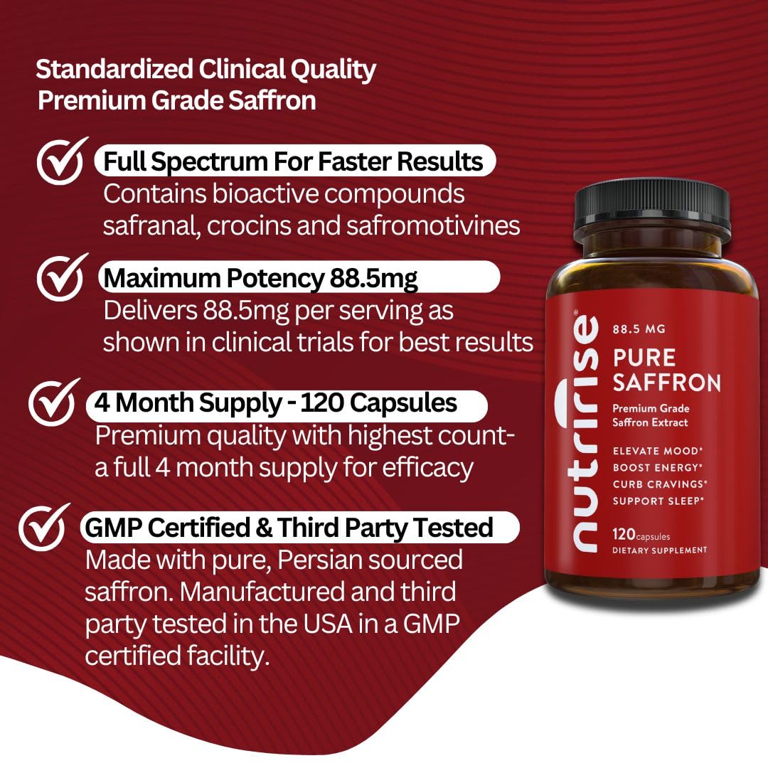 NutriRise Saffron Supplements 120 Capsules, 88.5mg Pure Extract - 4 Month Supply for Mood, Energy, Sleep, Stress & Cortisol Support - Non-GMO - Maple Wellness Supplements
