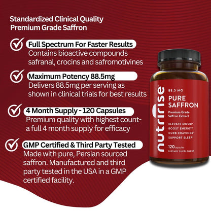 NutriRise Saffron Supplements 120 Capsules, 88.5mg Pure Extract - 4 Month Supply for Mood, Energy, Sleep, Stress & Cortisol Support - Non-GMO - Maple Wellness Supplements
