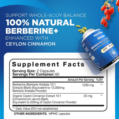 Nutrivein Premium Berberine 1200 mg with Ceylon Cinnamon - 120 Capsules: High-Absorption Berberine Supplement - Maple Wellness Supplements