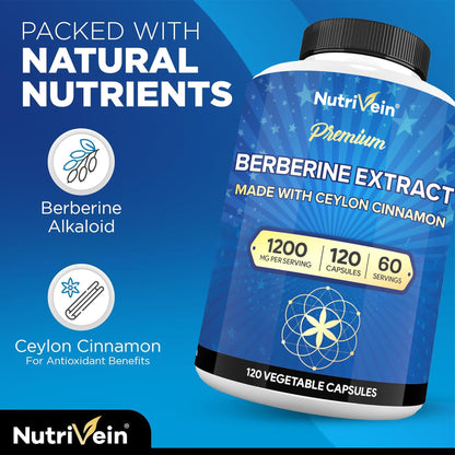 Nutrivein Premium Berberine 1200 mg with Ceylon Cinnamon - 120 Capsules: High-Absorption Berberine Supplement - Maple Wellness Supplements