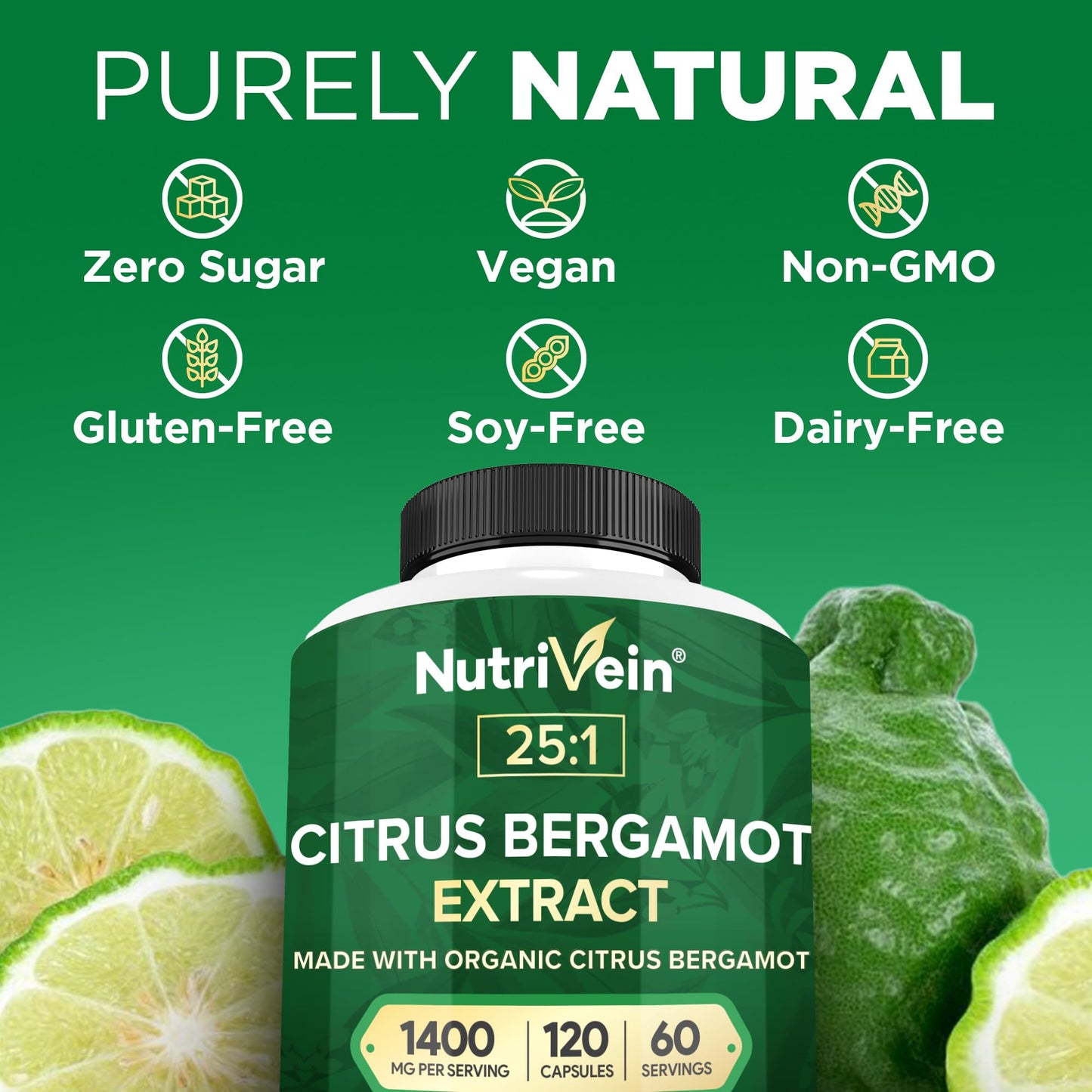 Nutrivein Premium Citrus Bergamot Supplement 1400mg 25:1 Bergamia Extract - 60 Day Supply (120 Capsules): Powerful Italian Citrus Bergamot 1400 mg+ - Maple Wellness Supplements