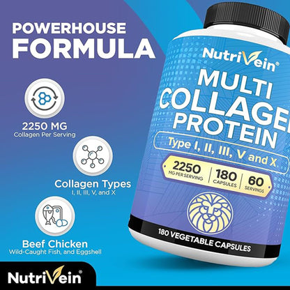 Nutrivein Premium Multi Collagen Pills 2250 mg - 180 Easy-to-Swallow Collagen Capsules: Type I, II, III, V, X Hydrolyzed Protein Peptides for Women and Men - Maple Wellness Supplements
