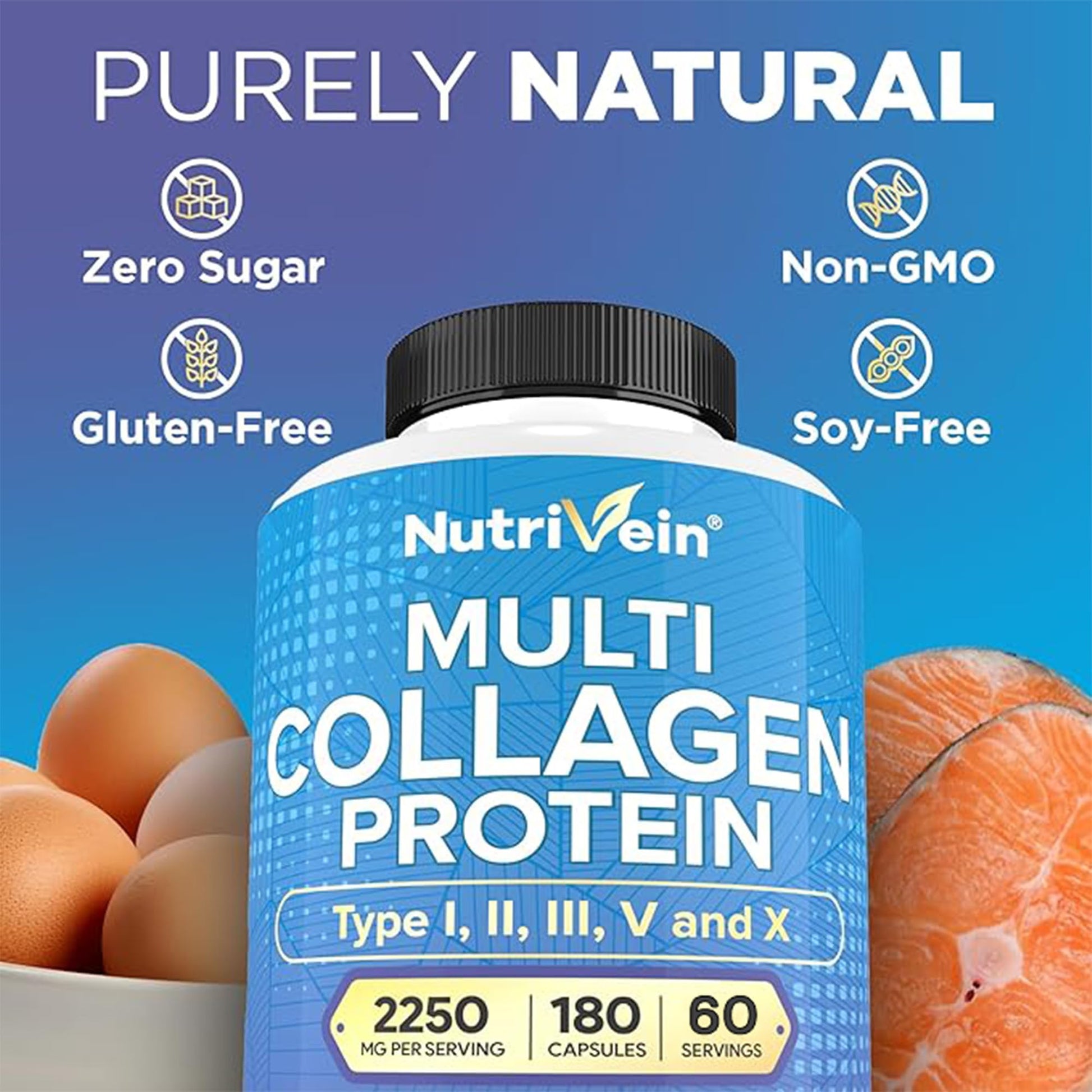 Nutrivein Premium Multi Collagen Pills 2250 mg - 180 Easy-to-Swallow Collagen Capsules: Type I, II, III, V, X Hydrolyzed Protein Peptides for Women and Men - Maple Wellness Supplements