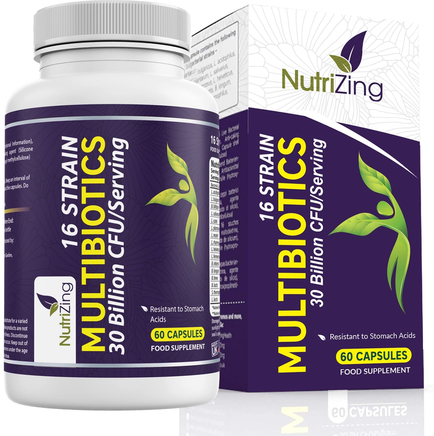 NutriZing Vegan Probiotics for Digestive Health - 30 Billion CFU & 16 strains - Bifidobacterium & Lactobacillus Probiotics for Men & Women - Maple Wellness Supplements