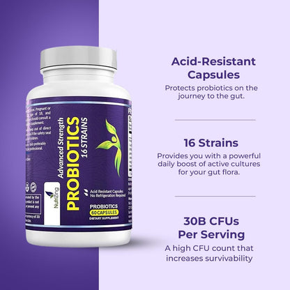 NutriZing Vegan Probiotics for Digestive Health - 30 Billion CFU & 16 strains - Bifidobacterium & Lactobacillus Probiotics for Men & Women - Maple Wellness Supplements