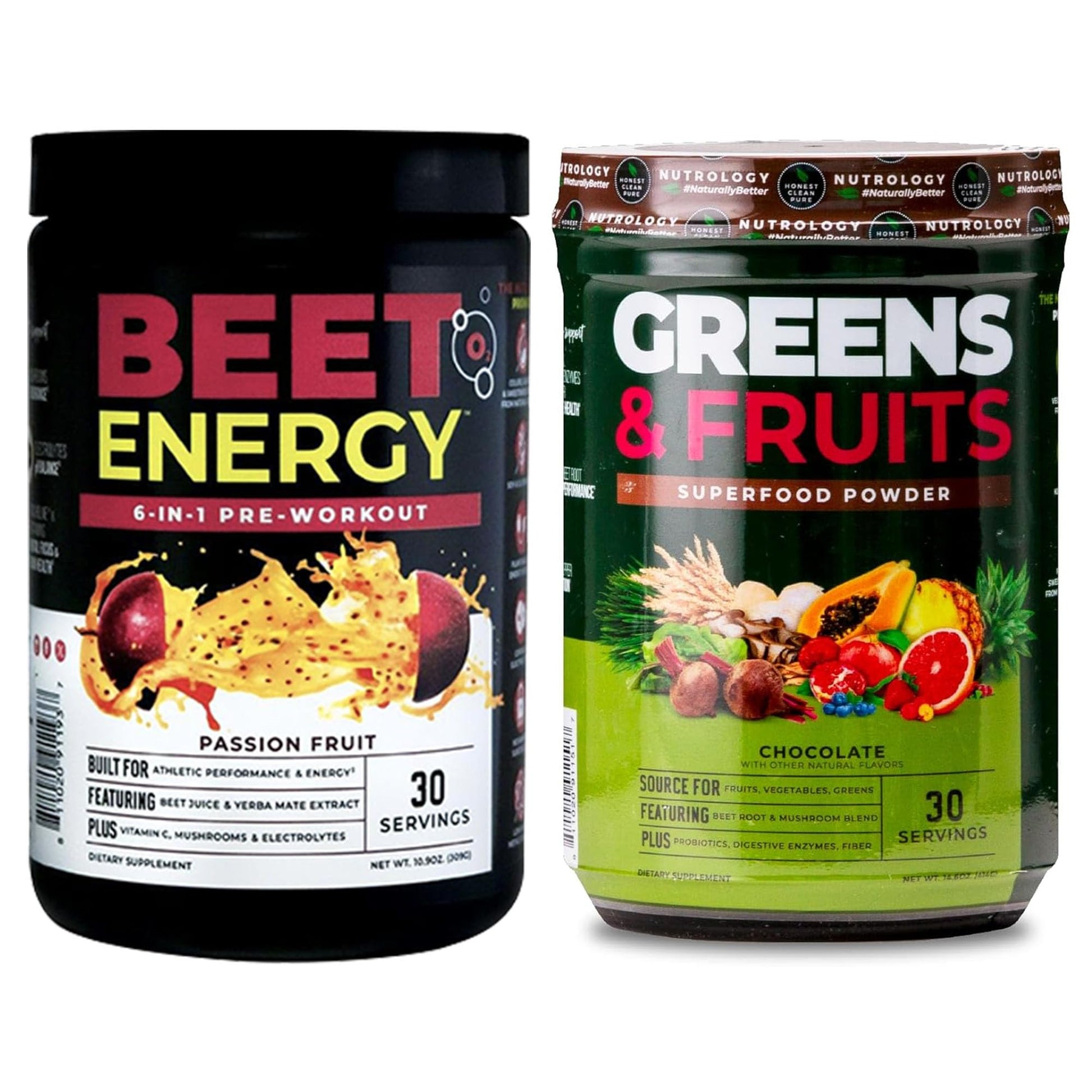 Nutrology Greens & Fruits Powder-Naturally Sourced Superfood, Chocolate (30 Servings) Beet Natural O2, Pre Workout Powder, Passion Fruit Flavor (30 Servings) - Maple Wellness Supplements